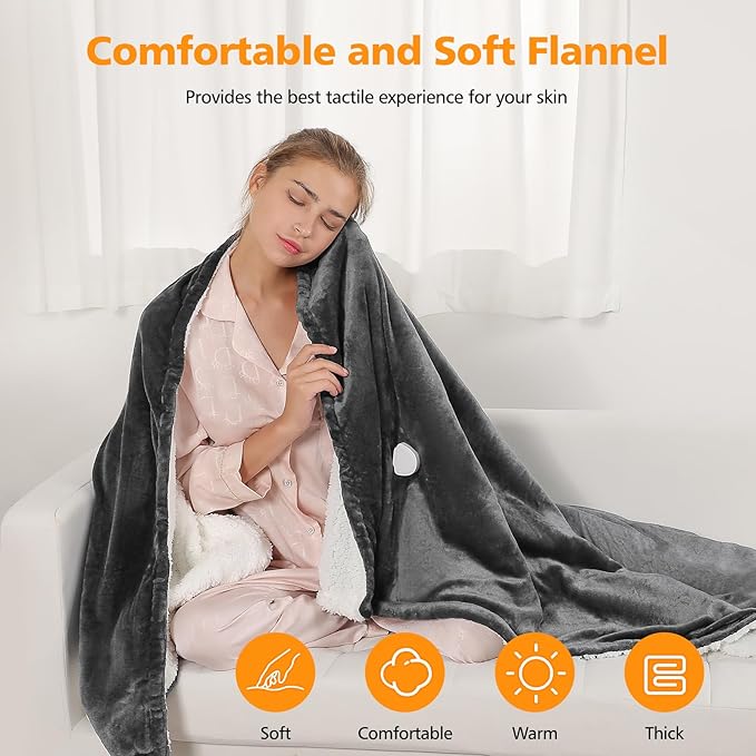 Heated Blanket Electric Throw 52"X60",Electric Blanket with Foot Pocket,6 Heat Settings & 1-10 Hours Time Settings Auto-Off,Machine Washable Heating Blanket for Home and Office (Gray)