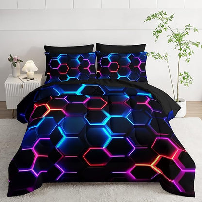 Geometric Queen Comforter Set,Colorful Neon Lights Honeycomb Bedding Set 7 Piece with Comforter Fitted Sheet Flat Sheet Pillowcases,Bed Sets Geometry Decor,Microfiber Lightweight All Season.