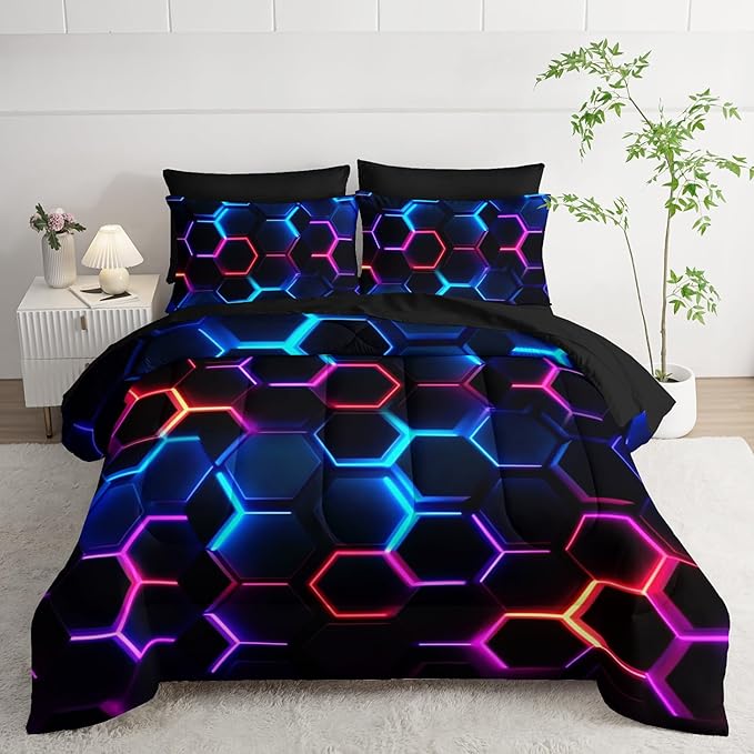 Geometric Full Comforter Set,Colorful Neon Lights Honeycomb Bedding Set 7 Piece with Comforter Fitted Sheet Flat Sheet Pillowcases,Bed Sets Geometry Decor,Microfiber Lightweight All Season.