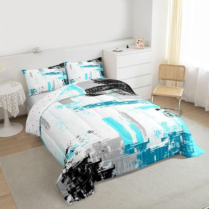Feelyou Abstract Comforter Set for Girls Boys Kids Modern Abstract Art Comforter Room Decorative Teal Blue White Black Bedding Set Luxury Duvet Set Queen Size 3Pcs Comforter Inner Fill