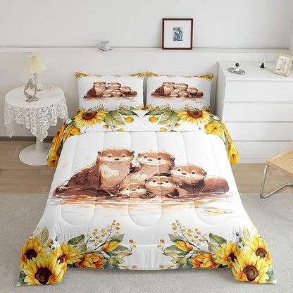 Watercolor Otter Kids Comforter Set Queen Size 3 Pcs Yellow Sunflowers Green Leaves Rustic Bedding Comforter for Boys Girls Teens Cute Cartoon Wild Animals Bedroom Quilt Set with 2 Pillowcases
