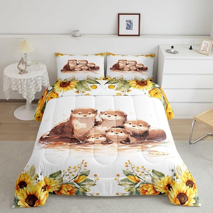 Watercolor Otter Kids Comforter Set Full Size 3 Pcs Yellow Sunflowers Green Leaves Rustic Bedding Set for Boys Girls Teens Cute Cartoon Wild Animals Microfiber Duvet Set with 2 Pillowcases
