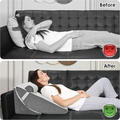 Bed Wedge Pillow for Sleeping, 3PCS Wedge Pillow Set for After Surgery, Adjustable 7 &12 inch Pillow Wedges for Acid Reflux Relief, Back Pain Relief, Sleep Apnea, Sitting Up, Headboard (White/Grey)