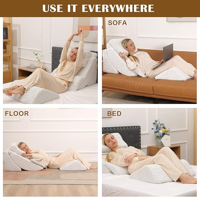 Betterhood 5pcs Orthopedic Bed Wedge Pillow Set, Adjustable Memory Foam, Post Surgery Foam for Back Neck & Leg Pain Relief Support, Acid Reflux, Snoring Reading, Sleeping, Sitting up, Grey