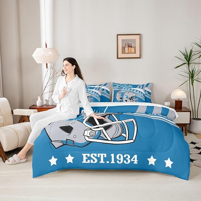 Erosebridal Full Comforter Set Gridiron Theme Bedding 7 Pieces, 3D Sports Helmet Comforter + Flat Sheet + Fitted Sheet + 2 Pillowcases + 2 Throw Pillow Covers