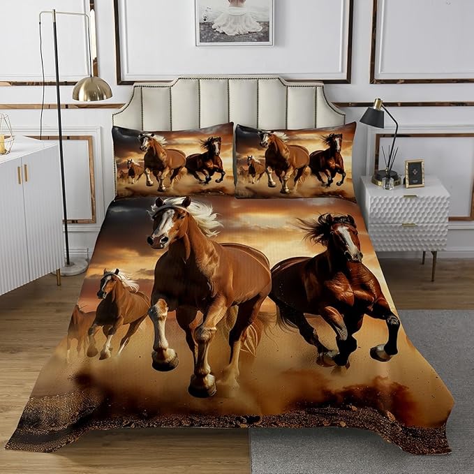 Erosebridal 3D Animal Bedspread Set Brown Horse Bed Cover Set Wild Running Horse Pattern Design Coverlet Set for Kid Teen Girls Boys Bedding with Zipper Ties 1 Duvet Cover 1 Pillowcase (Horses, Twin)