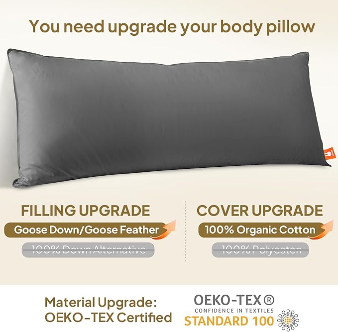 Goose Down Body Pillows for Adults, Large Body Pillow for Side Sleeper, Hugging Feather Body Pillow Insert, Cooling Full Length Long Pillow for Bed with 100% Organic Cotton Shell, (Dark Grey 20"x54")