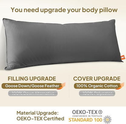 Goose Down Body Pillow for Side Sleeper, Large Body Pillows for Adults, Hugging Feather Body Pillow Insert, Cooling Full Length Long Pillow for Bed with 100% Organic Cotton Shell, (Dark Grey 20"x72")