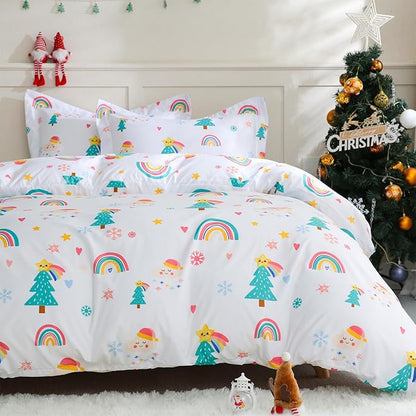 JSD Christmas Kids Duvet Cover Set Full Size, 3 Piece Rainbow Tree Microfiber Comforter Cover with Pillow Shams Zipper Closure, Comforter Not Included