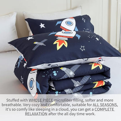 RYNGHIPY Kids Comforter Set, Full Size, Cute Space Rocket Bedding Set for Boys & Girls, Space Themed Teen Boy Bedding
