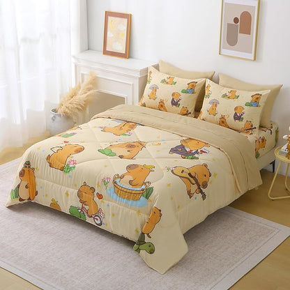7 Piece Capybara Comforter Set Queen Size Cute Cartoon Capybara Bedding Set Super Soft All Season Bedroom Decor for Kids Girls Boys Teens Birthday Choice