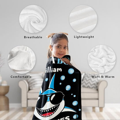 Custom Just A Boy Who Loves Sharks Blankets Gifts for Kids Adult On Bed Sofa,Personalized Premium Flannel Blankets for Birthday Christmas Thanksgiving All Season Use 40''x 50'' -S