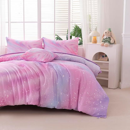 6Pcs Girls Twin Bedding Set with Sheets, Pink Bedding Sets, Bed in A Bag Kids Bedding Set for Girls Twin (1 Comforter, 1 Flat Sheet, 1 Fitted Sheet, 1 Cushion Cover, 2 Pillowcases)