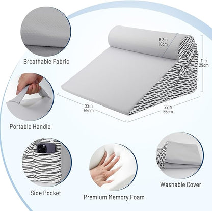 Lewondr Wedge Pillow for After Surgery, Adjustable Bed Wedge Pillow for Headboard Set with Side Pockets Fastener for Sleeping, Snoring, Back Pain & Acid Reflux Relief