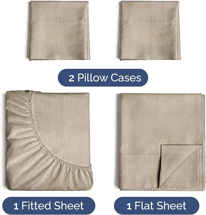 Twin 4 Piece Sheet Set - Comfy Breathable & Cooling - Soft Hotel Luxury Bedding Set with 8-16 Inch Deep Pockets - 1 Flat & 1 Fitted Sheet & 2 Pillowcases - Wrinkle Free & Easy Care - Heathered Beige