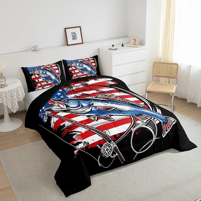 Feelyou American Flag Comforter Set Farmhouse Fishing Bedding Set for Kids Boys Girls Teens Room Wild Fish Decor Comforter Red Blue Stripe Quilted Set 2Pcs Toddler Size