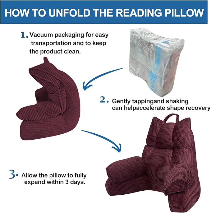 RRPAHWTV Reading Pillow for Bed with High Arm Rests,Back Support Pillow for Sitting Up in Bed with Shredded Memory Foam for Reading, TV, Gaming or Relaxing on Floor（Plum, Large）