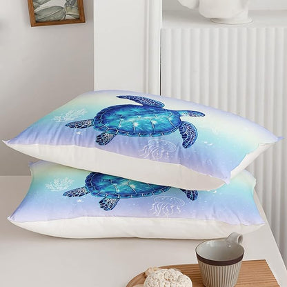 QOOMO Turtle Comforter Queen Size,Ocean Comforter Set for Kids Teens Girls Boys,3Pcs Bedding Set Printed Comforter with 2 Pillowcases,Down Alternative,Soft and Lightweight(Blue，Queen Size)
