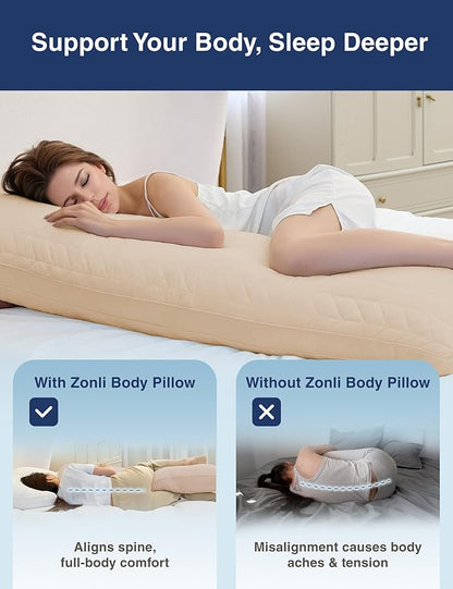 ZonLi Adjustable Memory Foam Body Pillow for Adults, Firm Support Long Pillow for Side Sleepers, Elegant Quilted 20x54 inch, Khaki