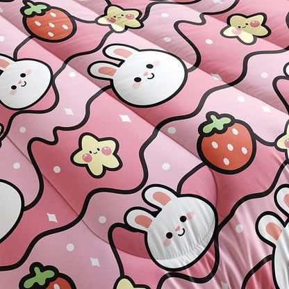 QOOMO Kawaii Rabbit Comforter,Strawberry Rabbit Comforter Set for Kids Teens Girls,3Pcs Bedding Set Printed Comforter with 2 Pillowcases,Down Alternative,Soft and Lightweight(Pink，Twin Size)