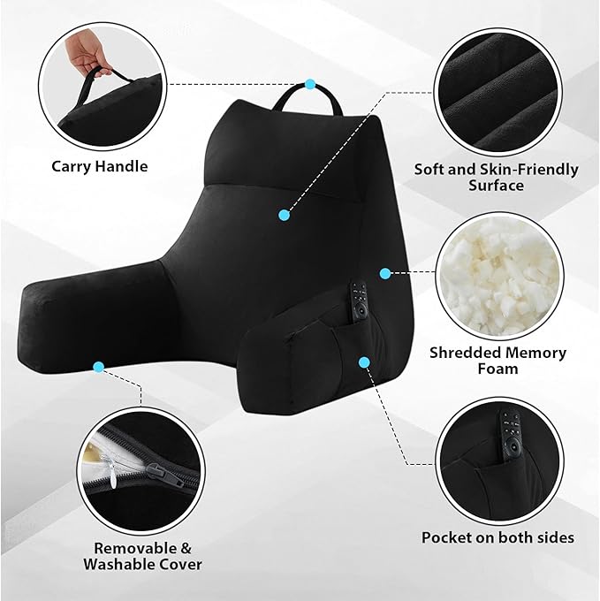 Reading Pillow with Arms for Adult, Back Pillow for Bed Sitting Up, Shredded Memory Foam Backrest Pillow with Pockets & Removable Washable Cover, Lounging, Watching TV, Reading(20" Black)