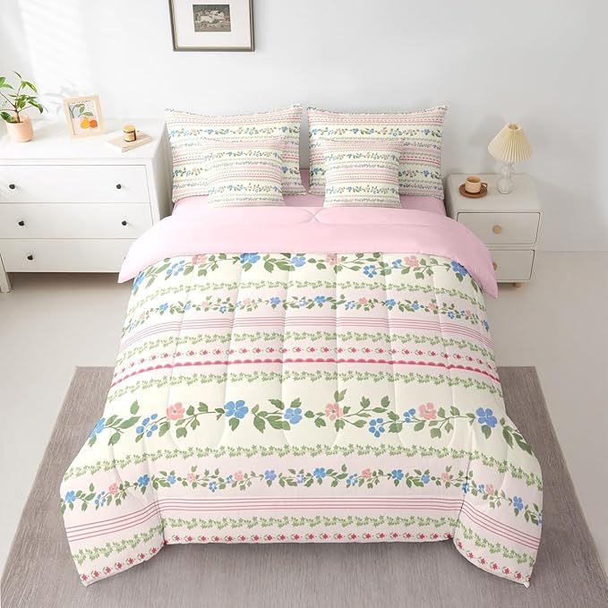 Feelyou Flower Twin Comforter Set with Sheets for Kids Boys Girls Spring Blossoms 7 Pieces Bedding Set Botanical Bed in a Bag Floral Room Decor Pink Green Soft Lightweight Microfiber