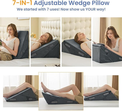 Sasttie Wedge Pillow for After Surgery, Adjustable Bed Wedge Pillow Headboard for Acid Reflux, Sleeping, Neck & Back Support, with Removable Cover, Dark Grey & Velvet