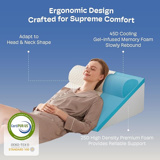 Wedge Pillow, 12" Wedge Pillow for Acid Reflux and Back Pain Relief, Cooling Memory Foam Top,Bed Wedge Pillows for Headboard, Sleeping, Snoring, Back Support, After Surgery.