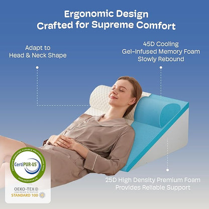Wedge Pillow, 12" Wedge Pillow for Acid Reflux and Back Pain Relief, Cooling Memory Foam Top,Bed Wedge Pillows for Headboard, Sleeping, Snoring, Back Support, After Surgery.