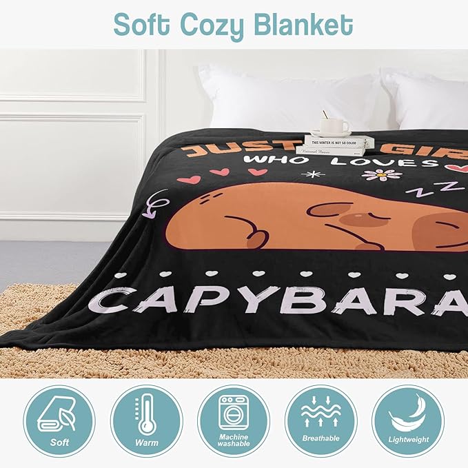 Capybara Lover Blanket, Just A Girl Who Loves Capybaras Blanket, Soft Warm Cozy Fleece Throw, Gifts for Girls Women Kids, 50"x60", Black