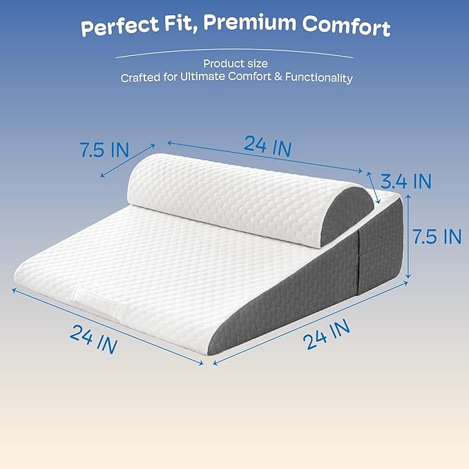 Wedge Pillow with Adjustable Pillow, 7.5" Wedge Pillow for Acid Reflux and Back Pain Relief, Snoring, Bed Wedge Pillows for Sleeping After Surgery. Cooling Memory Foam Top