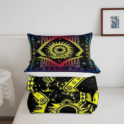 Bohemian Sky Comforter Set Queen Size Psychedelic Gradient Bedding Set for Kids Boys Girls Bedroom Decoration Sun Moon Star Planet Bed Duvet Insert Constellation Comforter with 2 Pillowcase