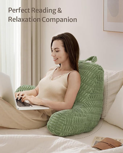 Blissful Diary Reading Pillow, Large Backrest Pillow with Shredded Memory Foam for Adult & Children, Designed for Bed and Couch Sitting Up, Includes Arms, Pockets and Washable Cover, Sage Green