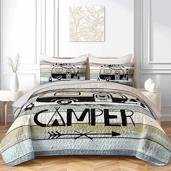 HOSIMA Vintage Camper Quilt Set Twin Size,Lightweight Bedding Set for Adults,Camping Travel Trailer Printed Quilt for Camper Decor,Happy Camping Themed Bedding with 2 Pillowcases.
