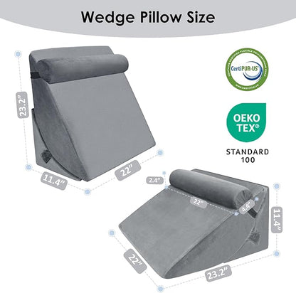 Bed Wedge Pillow Set for Post Surgery, 3PCS Wedge Pillow for Acid Reflux Relief, Adjustable 7 &12 inch for Sleeping, Headboard, Back Pain Relief, Back Pillow for Bed Sitting Up, Grey
