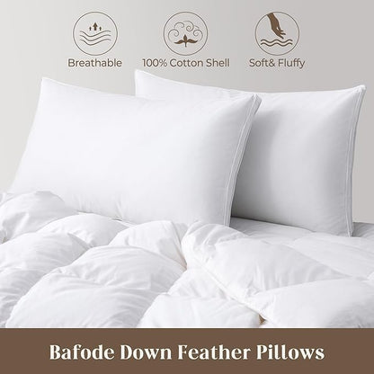 Bafode Goose Feathers and Down Pillows, Pillows Queen Size Set of 2, Cotton Cover,Gusseted Hotel Collection Bed Pillow for Back, Stomach or Side Sleepers