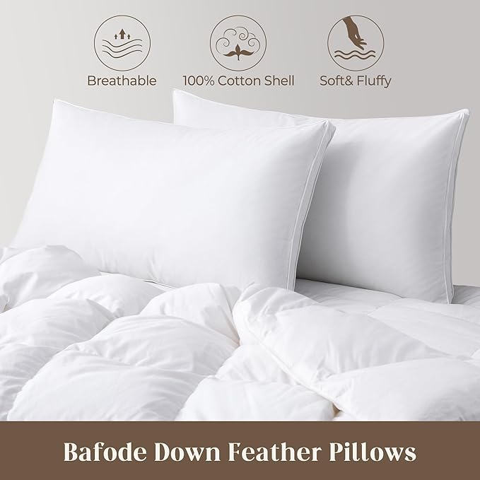 Bafode Goose Feathers Down Pillows, Pillows King Size Set of 2, 100% Cotton Cover,Gusseted Hotel Collection Bed Pillow for Back, Stomach or Side Sleepers