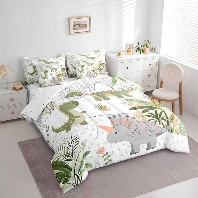 Feelyou Kids Cute Dinosaur 7 Piece Bedding Set Twin Size Cartoon Green Dinosaur Comforter Set with Sheets for Boys Girls Teens Cute Animal Bed in a Bag Coconut Plant Bed Set