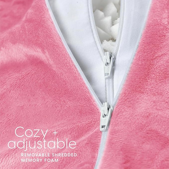 Milliard Reading Pillow with Arms, Pink, Cozy Shredded Memory Foam Back Pillow for Bed Sitting Up - Sit Up Backrest Support for Reading & Rest Bed - Washable Cover, Adjustable Comfort, CertiPUR