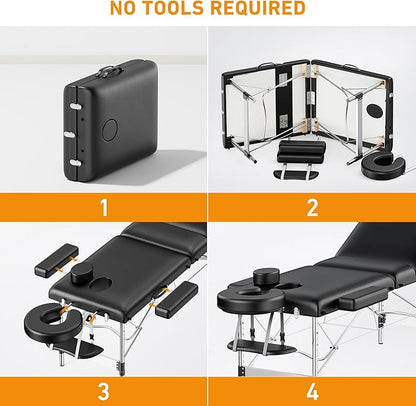 Massage Table Portable 84" Long 24" Wide Professional 3 Sections Reclining Massage Couch, Aluminum Adjustable Esthetician Bed Tattoo Table SPA Lash Salon Bed with Carrying Bag (Black)