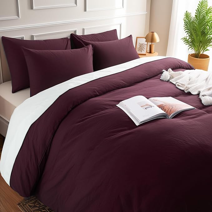 NEXHOME PRO Oversized King Duvet Cover Set – 100% Certified Organic Cotton with Washed Feel & Linen-Like Texture, Comfortable & Breathable, Home Bedding Set Burgundy (No Comforter) 12098N