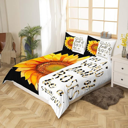Castle Fairy Watercolor Sunflowers Duvet Cover Set Twin Size,Yellow Floral Theme Comforter Cover for Kids Boys Bedroom Xmas Gift,Leopard Art Word Print Bedding Set with 1 Pillowcase Bedspread