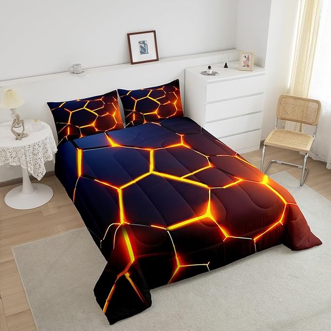 Honeycomb Print Bedding Set Red Black Fire Hexagonal Pattern Comforter Set for Kids Boys Girls Teens Beehive Geometrical Comforter Breathable Simplistic Duvet Set Room Decor Quilt Set Queen Size