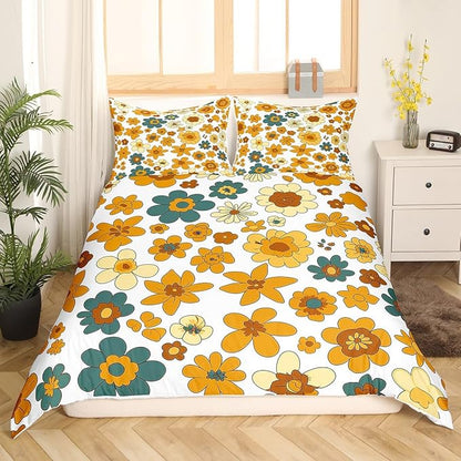 70s Retro Flowers Comforter Covet,Vintage Autumn Floral Duvet Cover for Girls Teens Bedroom Gift,Wavy Geometric Hippie Comforter Cover Decorative with 2 Pillowcases, Full Size