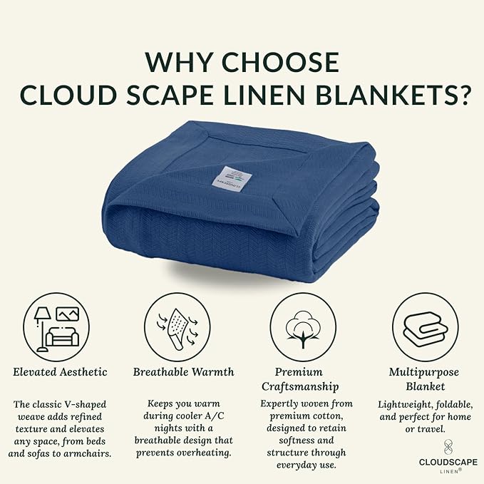 Cloud Scape Linen Herringbone Cotton Twin Blanket for Couch, Bed,Sofa, Home Decor, Soft, Weighted, All-Season, Winter Bed Blanket, Best Gift Idea, 68 x92, Ensign Blue
