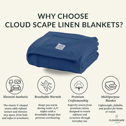 Cloud Scape Linen Herringbone Cotton Twin Blanket for Couch, Bed,Sofa, Home Decor, Soft, Weighted, All-Season, Winter Bed Blanket, Best Gift Idea, 68 x92, Ensign Blue