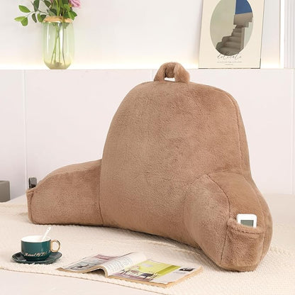Reading Pillow for Sitting in Bed, Large Backrest Reading Pillow with Arm Rest,Back-Rest Support Cushion for Sit Up on Couch, Sofa, and Floor, Dorm Essentials (Khaki Faux Fur, Standard(17"))