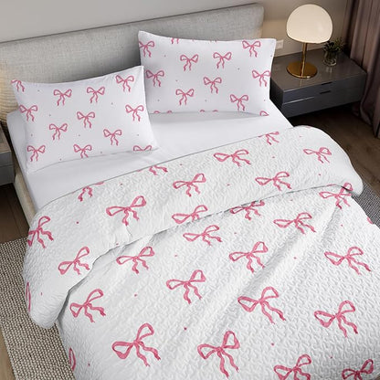 QOOMO Pink Bow Quilt Set King Size,Bowknot Bedspread Coverlet Set,Pink 3Pcs Bedding Set Printed Quilt with 2 Pillowcases,Soft and Lightweight,for All Seasons