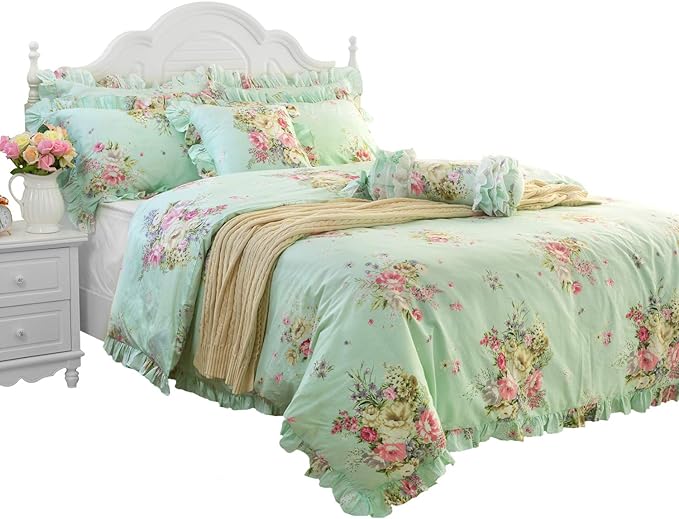 FADFAY Green Floral Duvet Cover Sets Vintage Flower Printed Bedding Ultra Soft 100% Cotton Designer Bedding Set 3 Pieces, 1duvet Cover & 2pillowcases (King/California King Size, Ruffle Style)