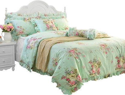 FADFAY Green Floral Duvet Cover Sets Vintage Flower Printed Bedding Ultra Soft 100% Cotton Designer Bedding Set 3 Pieces, 1duvet Cover & 2pillowcases (King/California King Size, Ruffle Style)